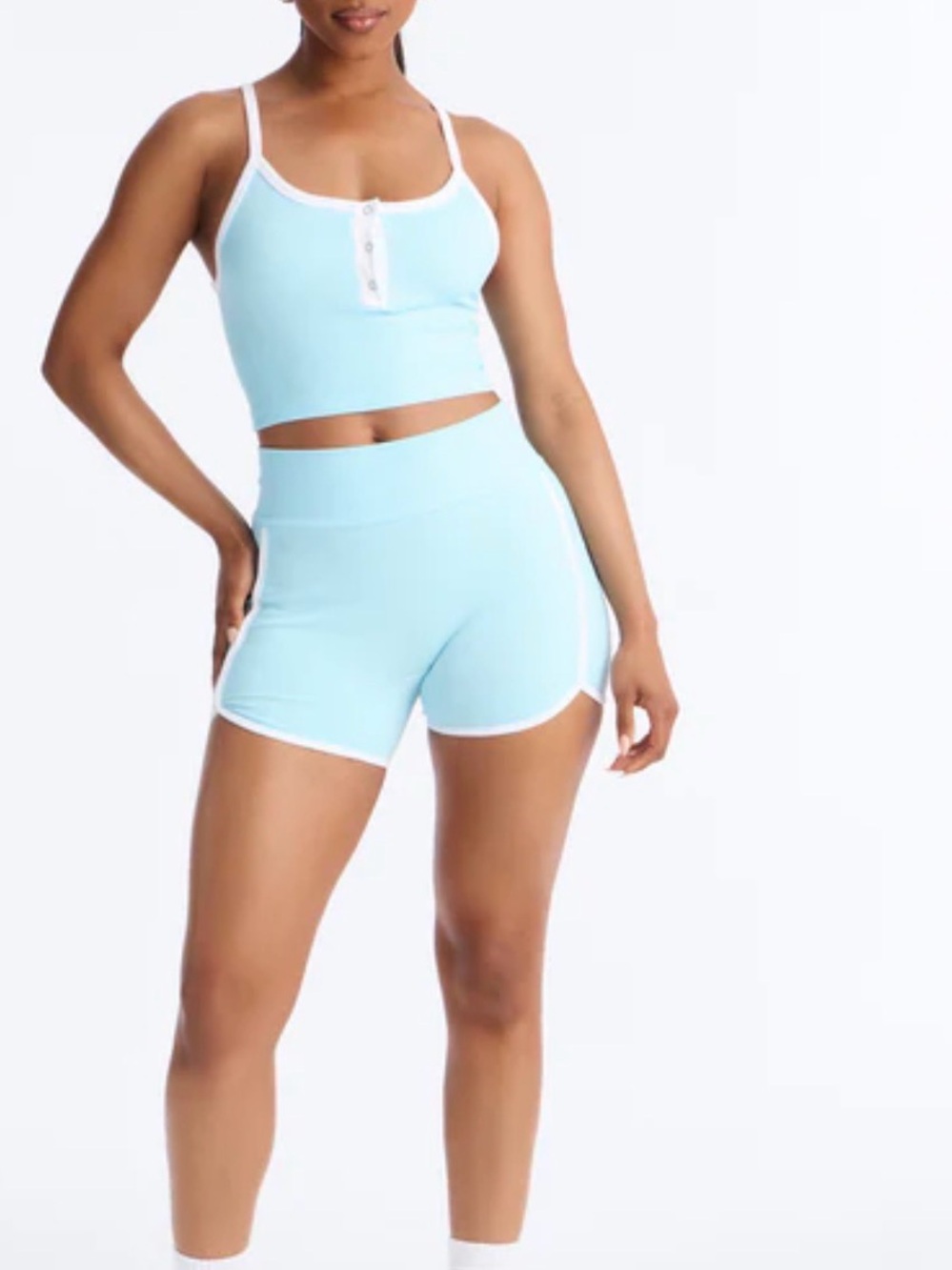 Fashion Nova Light Blue Ribbed Cropped Tank Top with White Trim